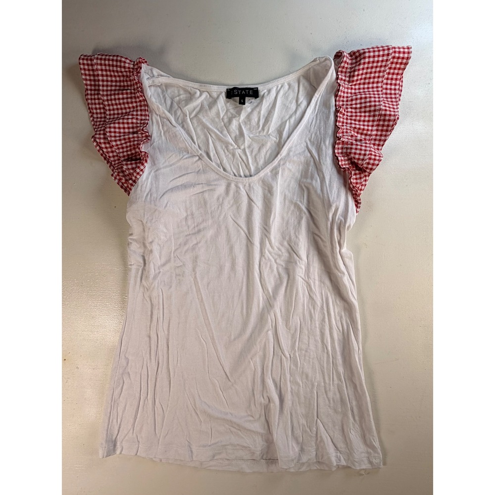 1.STATE Flutter Sleeve Top Womens Small White Red Y2K Gingham Ruffle Scoop Neck
